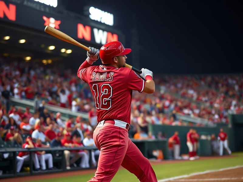 A vibrant shot of Angel Stadium during a night game, featuring Shohei Ohtani mid-pitch in the foreground with the Big A lit u