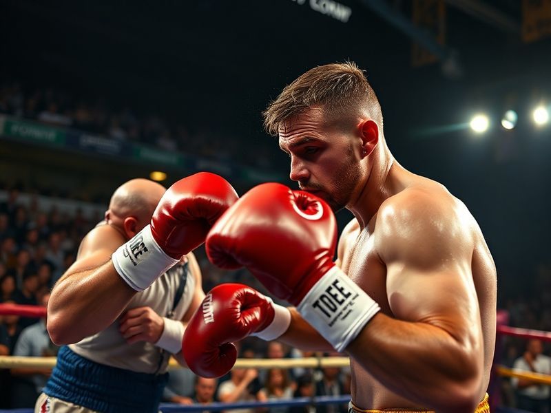 A dynamic action shot of Ben Whittaker mid-fight in the ring, wearing red gloves, with a focused expression. The background s