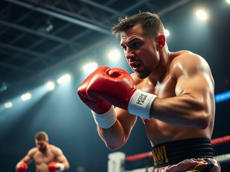 A dynamic action shot of Ben Whittaker mid-fight in a packed arena, showcasing his technique and intensity, with the British