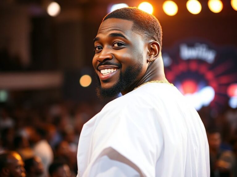 A vibrant concert scene featuring Davido performing on stage with colorful African patterns, large crowd in the background, d