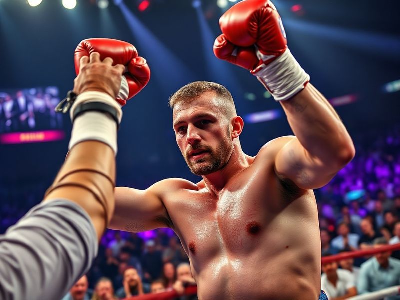 A dynamic action shot of Ben Whittaker in the boxing ring, mid-combination punch, wearing a red and white uniform with a dete