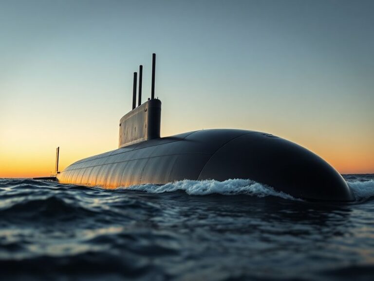 A high-tech nuclear submarine gliding silently through dark ocean waters, with bioluminescent plankton illuminating its sleek