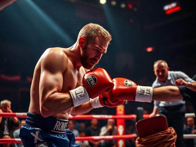 A dynamic action shot of Ben Whittaker in the ring, mid-combo, with a blurred opponent and a roaring crowd in the background.