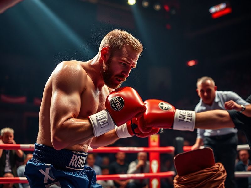 A dynamic action shot of Ben Whittaker in the ring, mid-combo, with a blurred opponent and a roaring crowd in the background.