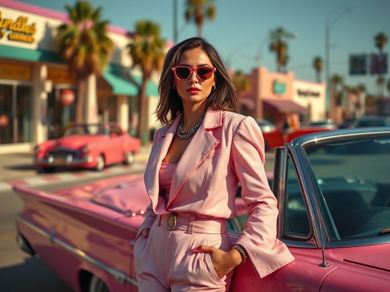 A vibrant, surreal image of PinkPantheress in a pink wig, surrounded by retro tech like VHS tapes and old-school computers, w