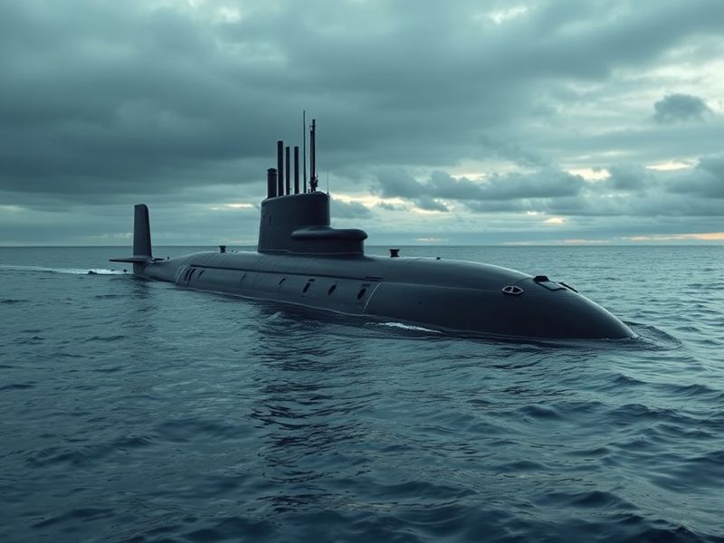 A high-detail illustration of a modern nuclear submarine cutting through dark ocean waters, with bioluminescent plankton trai