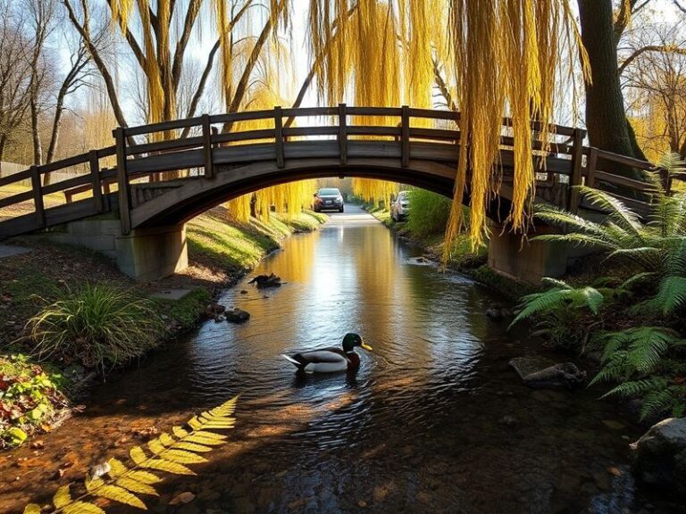 A serene lakeside view at Howe Park in Milton Keynes, featuring calm water, lush greenery, and a wooden footbridge in the for