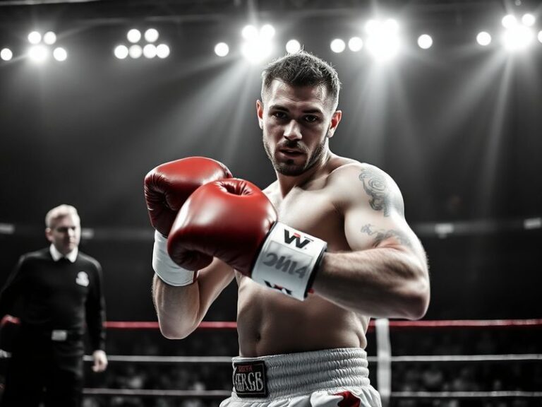 A dynamic action shot of Ben Whittaker in the ring, mid-combo with a focused expression, wearing his Team GB or professional