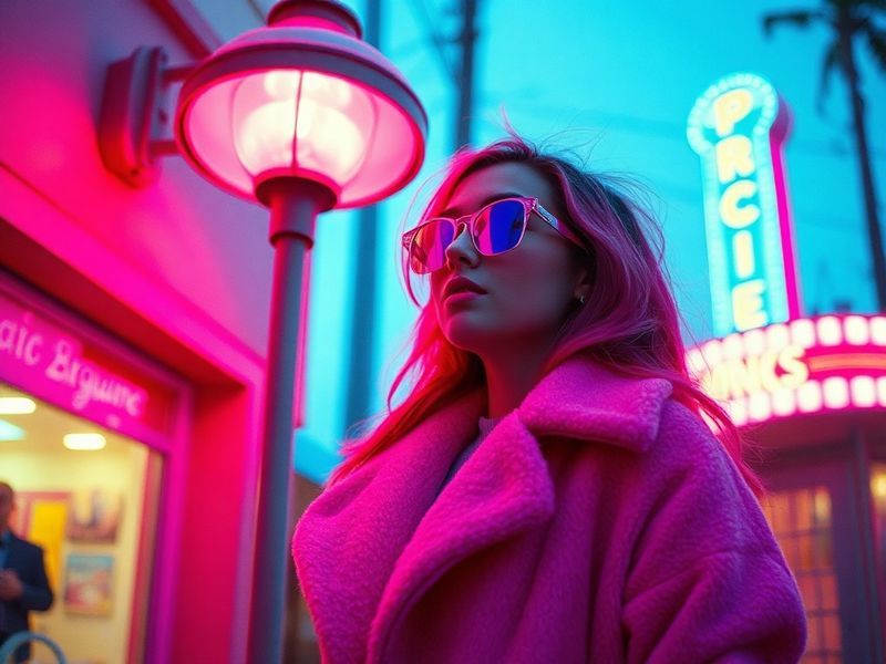 A vibrant, youthful portrait of PinkPantheress in a pastel-colored setting, blending retro and futuristic aesthetics with a m