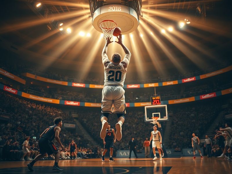 A dynamic split-screen image showing a basketball game on one side with traditional scoreboard stats and the Angels Score sys