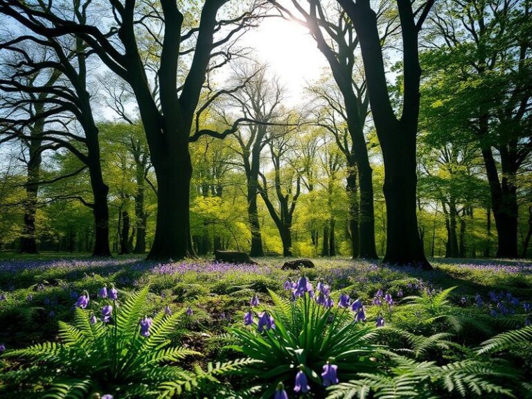 A serene woodland scene in Howe Park during spring, with sunlight filtering through ancient oak trees and bluebells carpeting