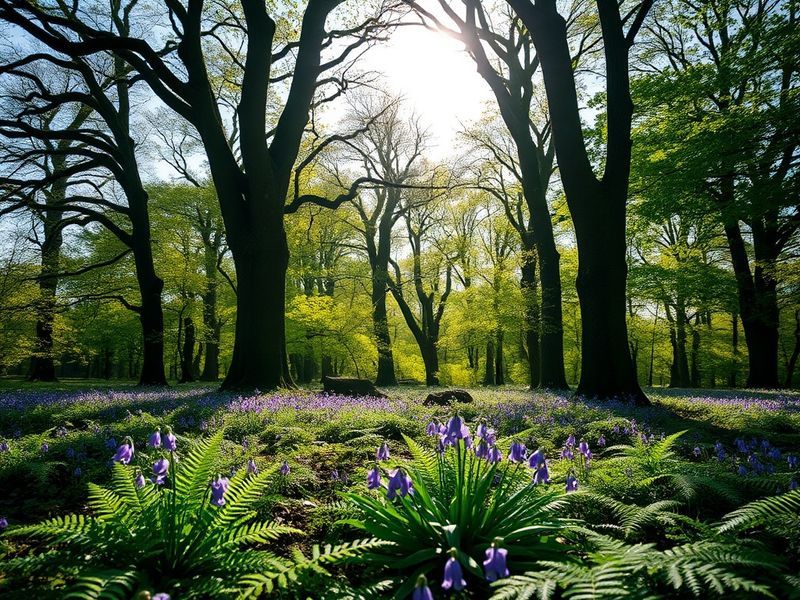 A serene woodland scene in Howe Park during spring, with sunlight filtering through ancient oak trees and bluebells carpeting