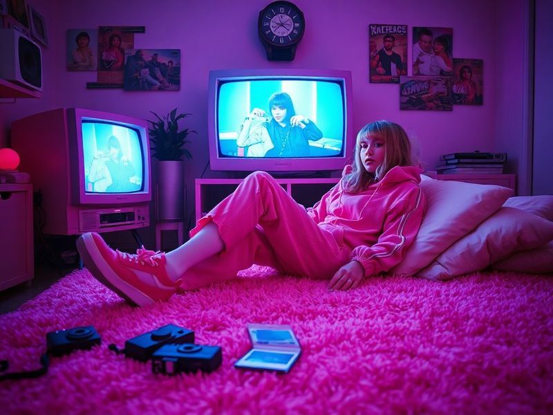 A vibrant, neon-lit studio portrait of PinkPantheress in a retro-futuristic setting, surrounded by vintage audio equipment an
