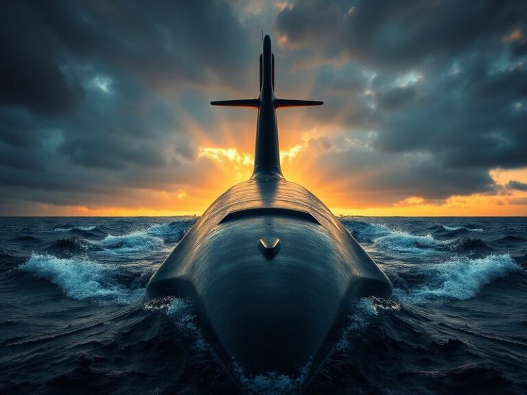 A high-tech nuclear submarine gliding silently through deep blue ocean waters, surrounded by bioluminescent plankton. The ves