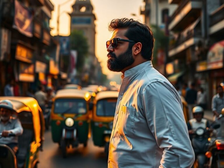 A dynamic portrait of Pawan Kalyan on stage during a political rally, with a backdrop of Telugu flags and a diverse crowd, ca