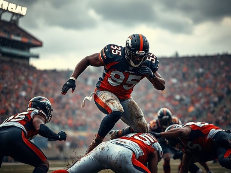 A dynamic action shot of Dexter Lawrence mid-play, wearing the New York Giants' blue jersey, mid-sack against an opposing qua