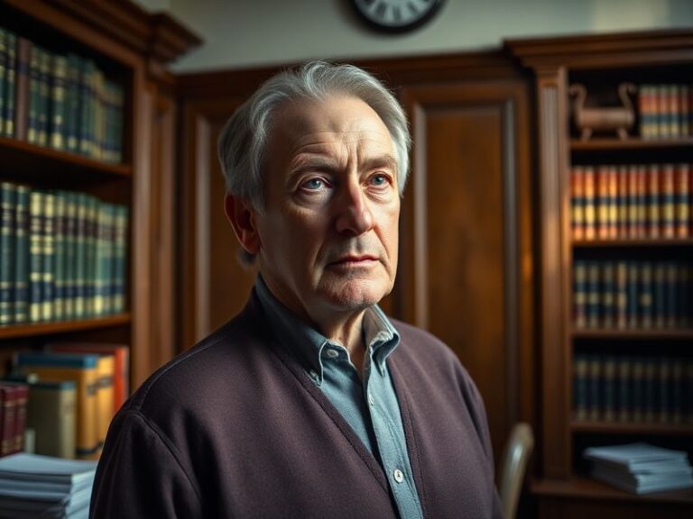 A somber courthouse scene with Steven Pladl in a suit, flanked by legal documents and a gavel. The setting is formal but tens