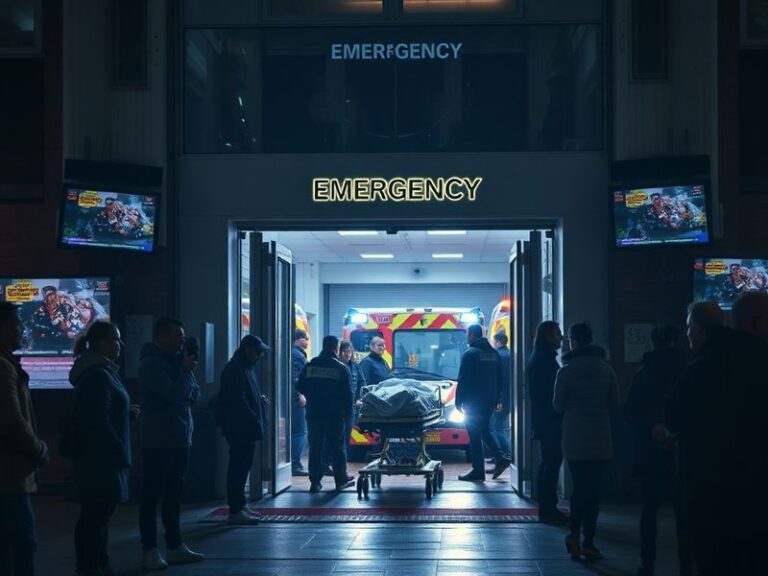 A bustling emergency room scene from BBC Casualty, featuring doctors and nurses in scrubs attending to patients. The lighting