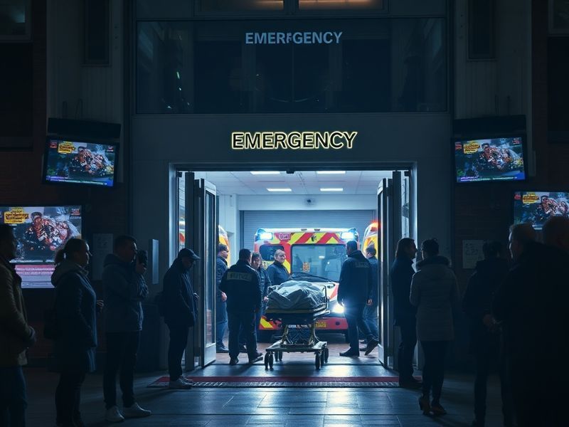 A bustling emergency room scene from BBC Casualty, featuring doctors and nurses in scrubs attending to patients. The lighting