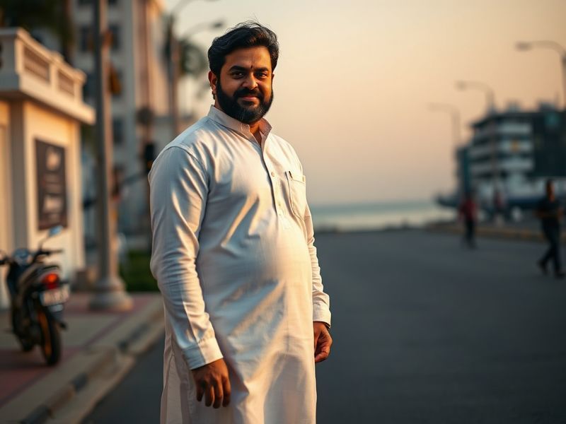 A dynamic portrait of Pawan Kalyan on stage during a political rally, wearing traditional Indian attire, with a large crowd i