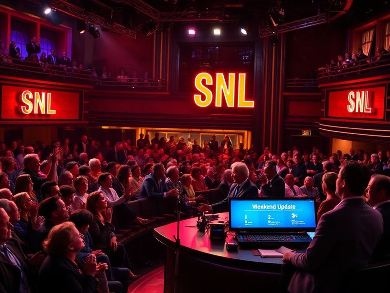 A split-screen image showing a vintage SNL set from the 1970s on one side and a modern SNL stage with a live audience on the