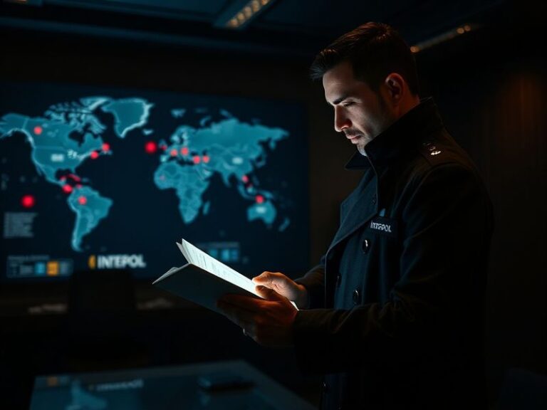 A professional illustration of Interpol's headquarters in Lyon, France, showing officers from diverse backgrounds collaborati