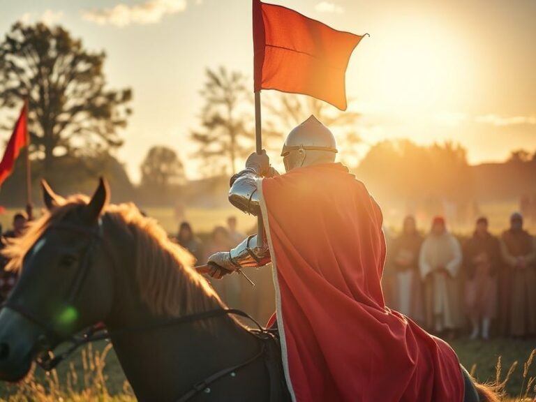 A vibrant outdoor scene in an English village on St George’s Day: a medieval-style parade with Morris dancers in colorful cos