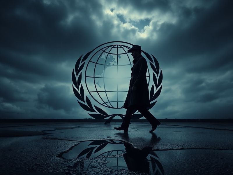 Aerial view of Interpol’s headquarters in Lyon, France at dusk. The modern glass-and-steel complex is illuminated against a d