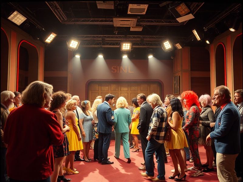 A vibrant studio set of a live SNL taping, featuring the iconic SNL sign, a live band, and a diverse cast performing a sketch