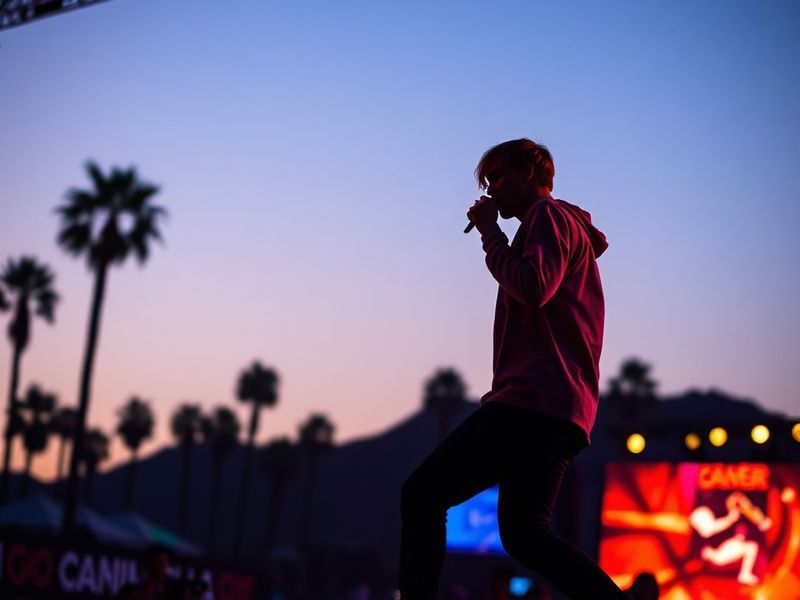 A vibrant concert photo of Justin Bieber performing on the Coachella stage at night, with neon lights illuminating the crowd