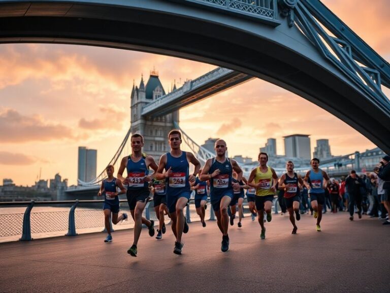 A vibrant scene of runners approaching Tower Bridge during the London Marathon, with cheering spectators and autumn-colored s