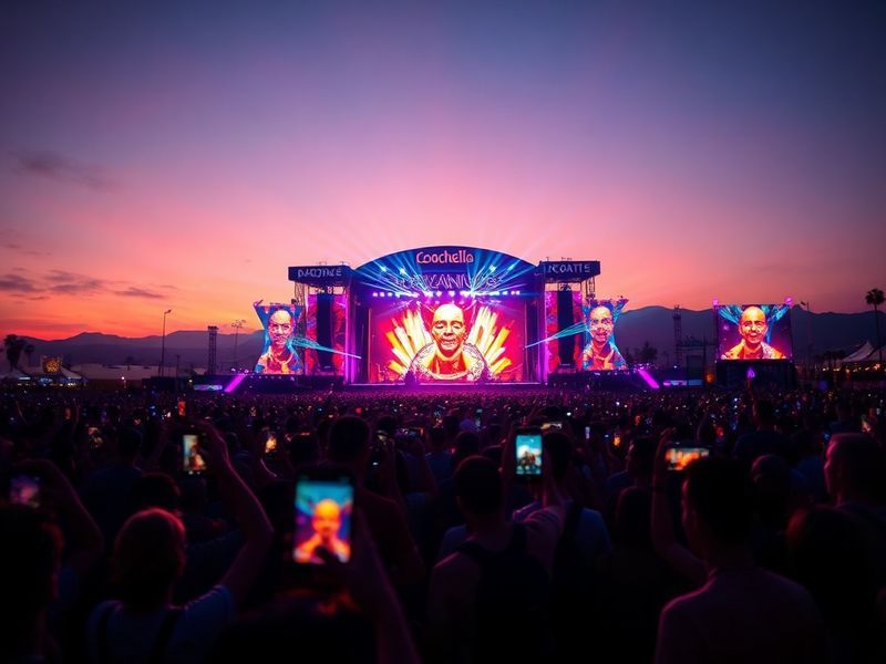 A vibrant split-screen image of a Coachella crowd in the desert on one side and a laptop screen showing the live stream on th
