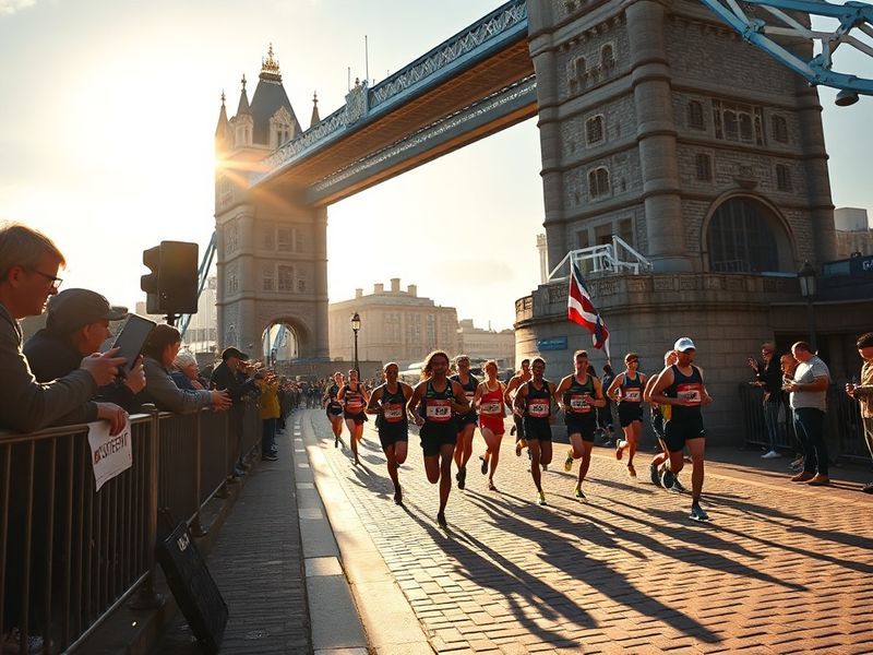 A vibrant scene of runners crossing Tower Bridge during the London Marathon, with spectators cheering on both sides. The sky