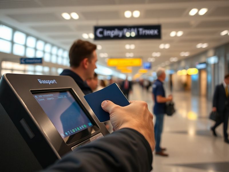 A modern airport scene in Greece with travelers using biometric kiosks for the EU Entry-Exit System. The setting shows a brig