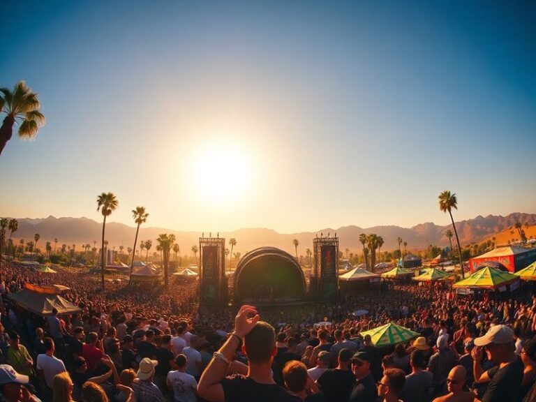 A vibrant aerial shot of the Coachella festival grounds at dusk, with illuminated stages and art installations. The scene cap