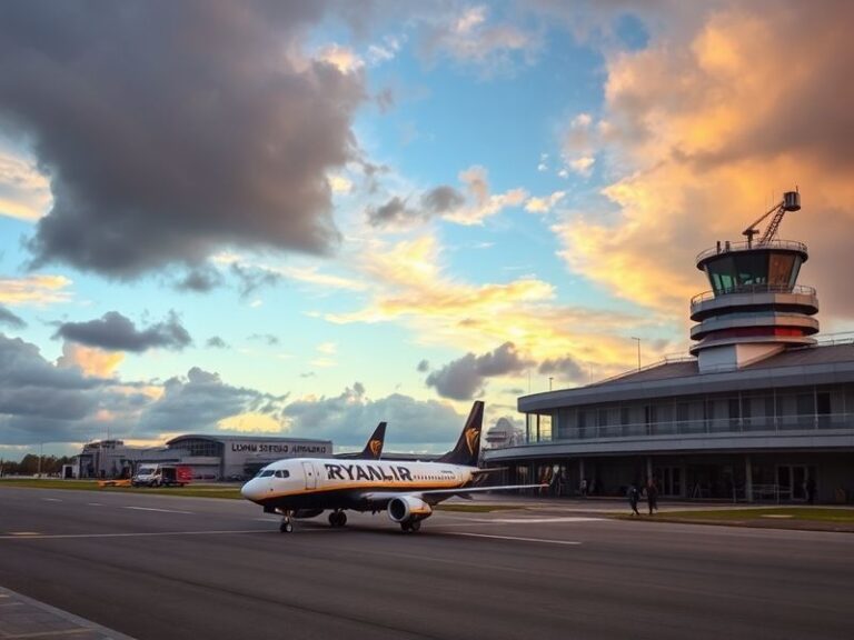 Aerial view of London Southend Airport with planes parked at the terminal, surrounded by lush green fields and the modern ter