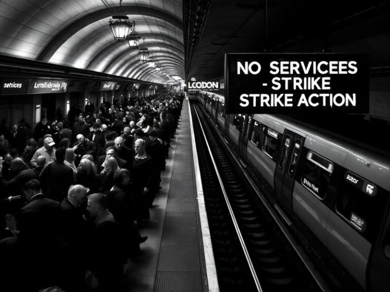 A crowded London Underground platform during a strike, with empty trains and frustrated commuters checking their phones for u