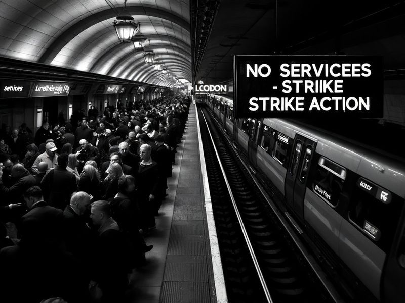 A crowded London Underground platform during a strike, with empty trains and frustrated commuters checking their phones for u