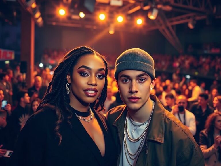 A split-screen image: SZA in a moody, neon-lit studio on the left, Justin Bieber in a soft-focus, warm-toned setting on the r