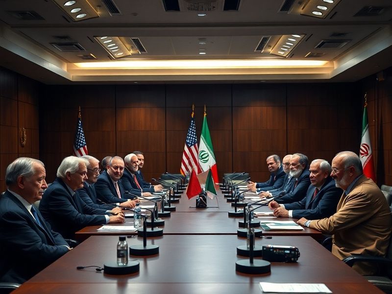 A split-image illustration showing the US and Iranian flags overlapping against a backdrop of a Middle Eastern city skyline a