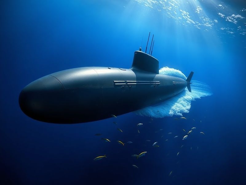 A sleek modern submarine partially submerged in deep blue ocean waters, with sunlight filtering through the surface. The vess
