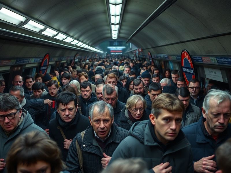 A crowded London Underground platform during a strike, with empty tracks and frustrated commuters holding umbrellas, bathed i