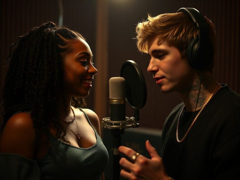 A split-screen image of SZA and Justin Bieber in a dimly lit studio, with soft golden lighting highlighting their expressive