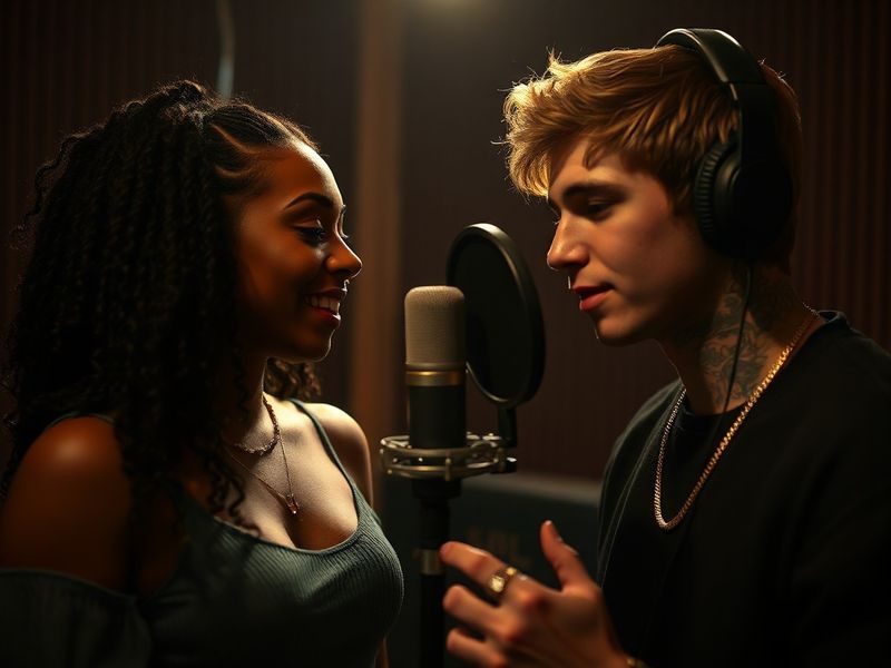 A split-screen image of SZA and Justin Bieber in a dimly lit studio, with soft golden lighting highlighting their expressive