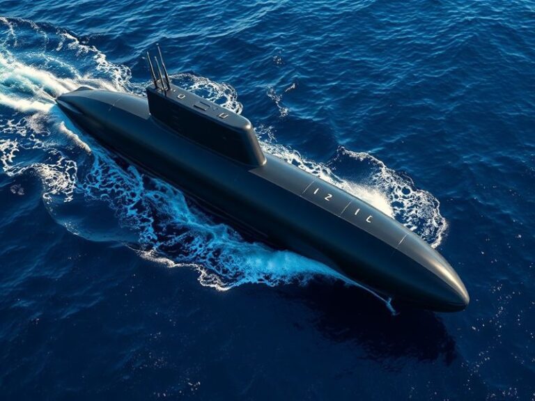 A sleek modern submarine cutting through dark blue ocean waters, with sunlight filtering down from the surface, highlighting