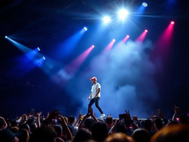 A vibrant concert scene with Justin Bieber on stage, surrounded by pyrotechnics and LED screens, with a diverse crowd of fans