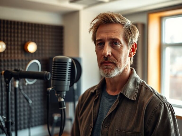 A dynamic portrait of Troy Baker in a recording studio, mid-performance with a headset on, capturing his expressive facial ex