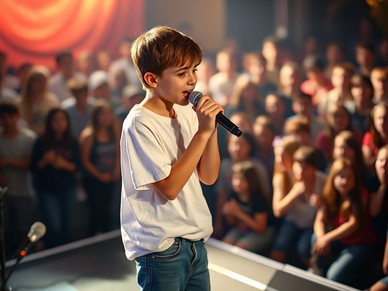 A nostalgic photo of a young Justin Bieber performing in his early teens, wearing a striped shirt and holding a microphone, w