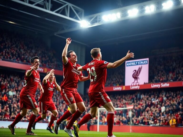 A vibrant stadium scene filled with fans wearing diverse jerseys, cheering under bright floodlights, with iconic Premier Leag