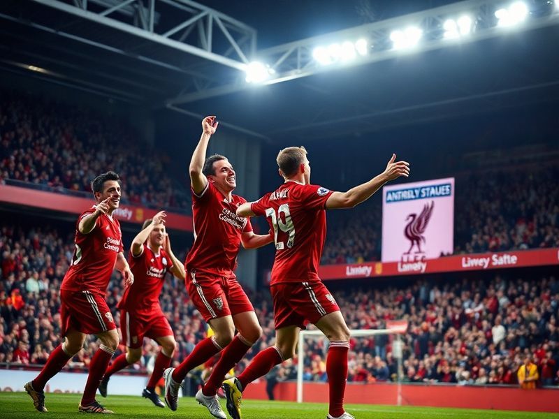 A vibrant stadium scene filled with fans wearing diverse jerseys, cheering under bright floodlights, with iconic Premier Leag